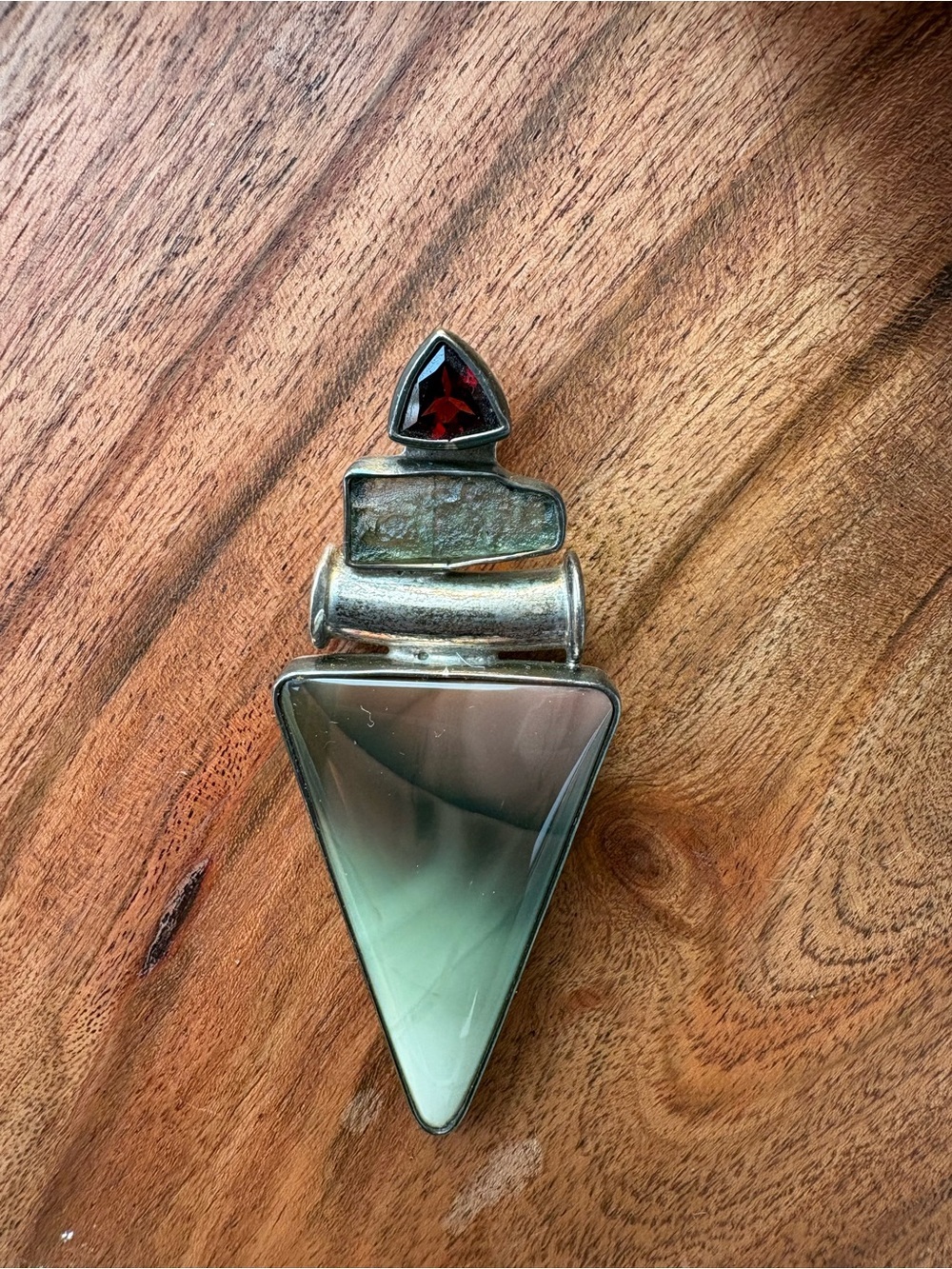 Vintage Charles Albert Sterling Silver Triangle Green Pendant with Red Accent